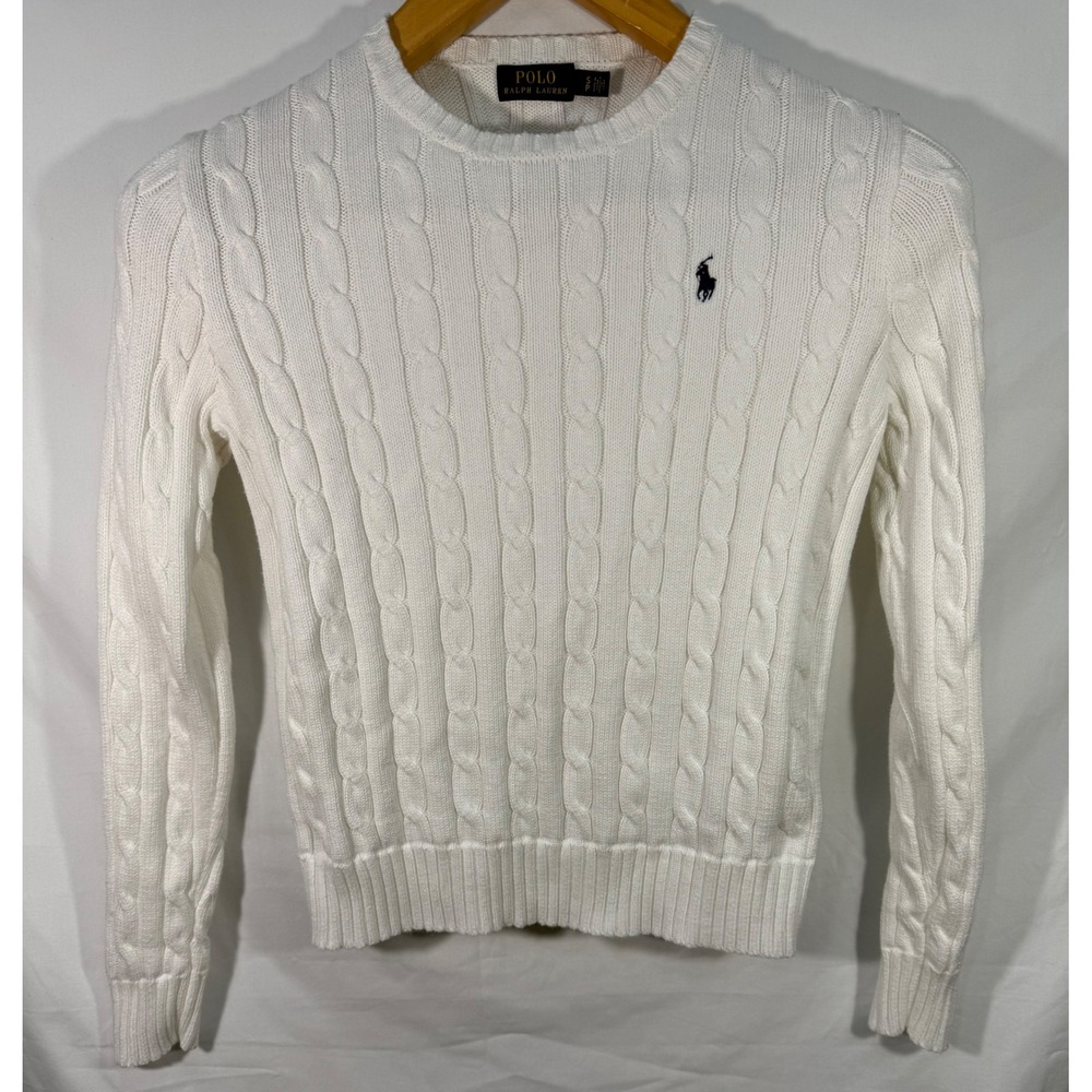 Polo Ralph Lauren White Cable Knit Cotton Sweater Crew Neck Navy Pony Small SP